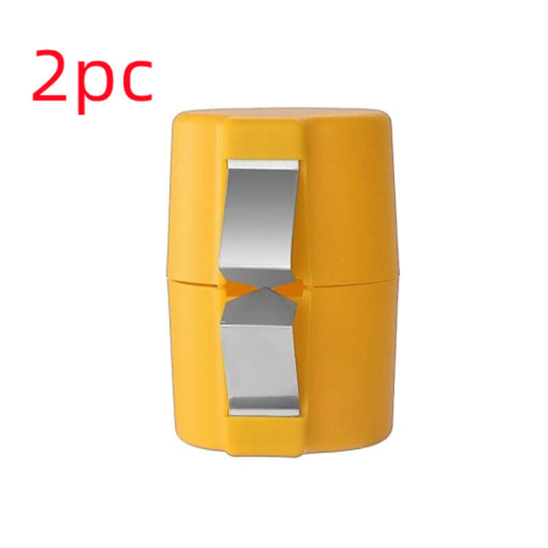 Egg shell opener in yellow color with stainless steel blades, designed for mess-free egg cracking.