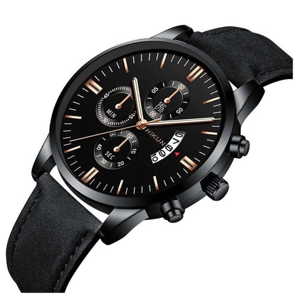 Stylish black alloy quartz wristwatch with multiple dials and a comfortable strap for men, perfect for casual wear.