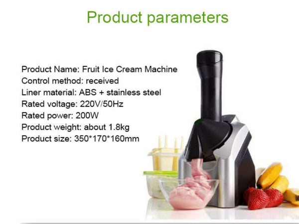 Fruit ice cream machine with ABS stainless steel liner, 220V/50Hz, 200W, producing creamy desserts with fresh fruit.