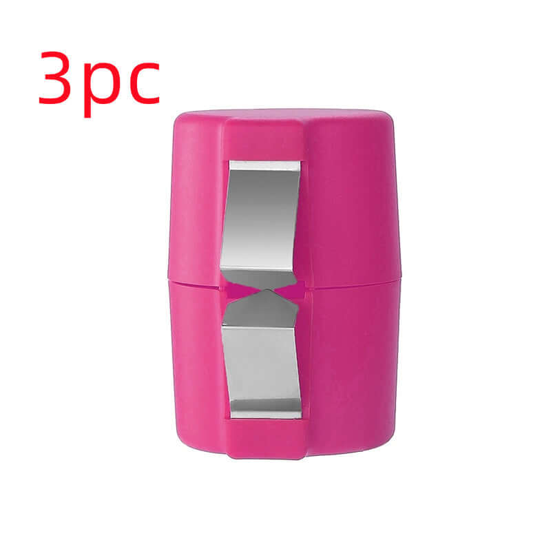 Pink egg shell opener with stainless steel blade, designed for mess-free egg cracking and easy storage.