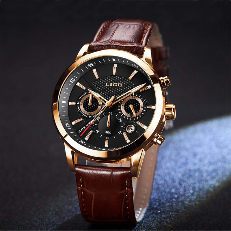 Stylish men's sport quartz watch with black dial, gold accents, and brown leather strap. Ideal for fashion enthusiasts.