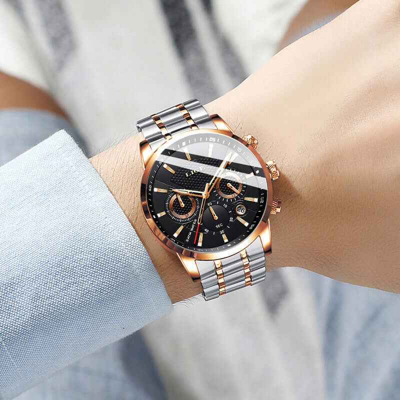 Stylish men’s sport quartz watch with black dial and rose gold accents, worn on a wrist. Ideal for fashion-forward individuals.