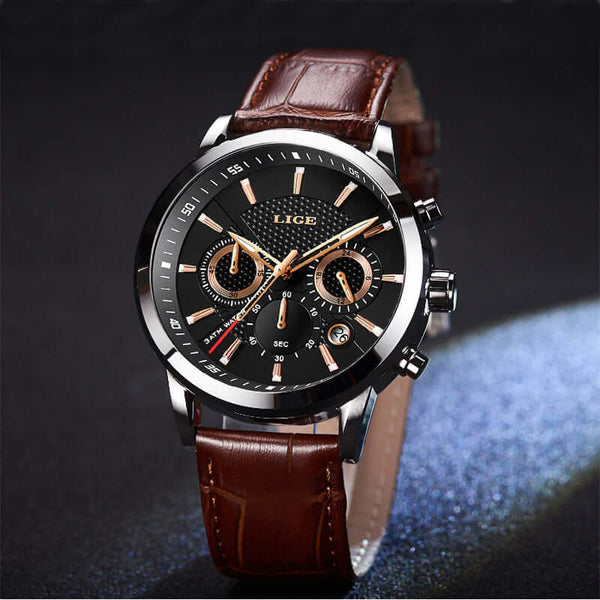 Stylish men's quartz watch with black dial, brown leather strap, andchronograph features, suitable for sports and fashion.