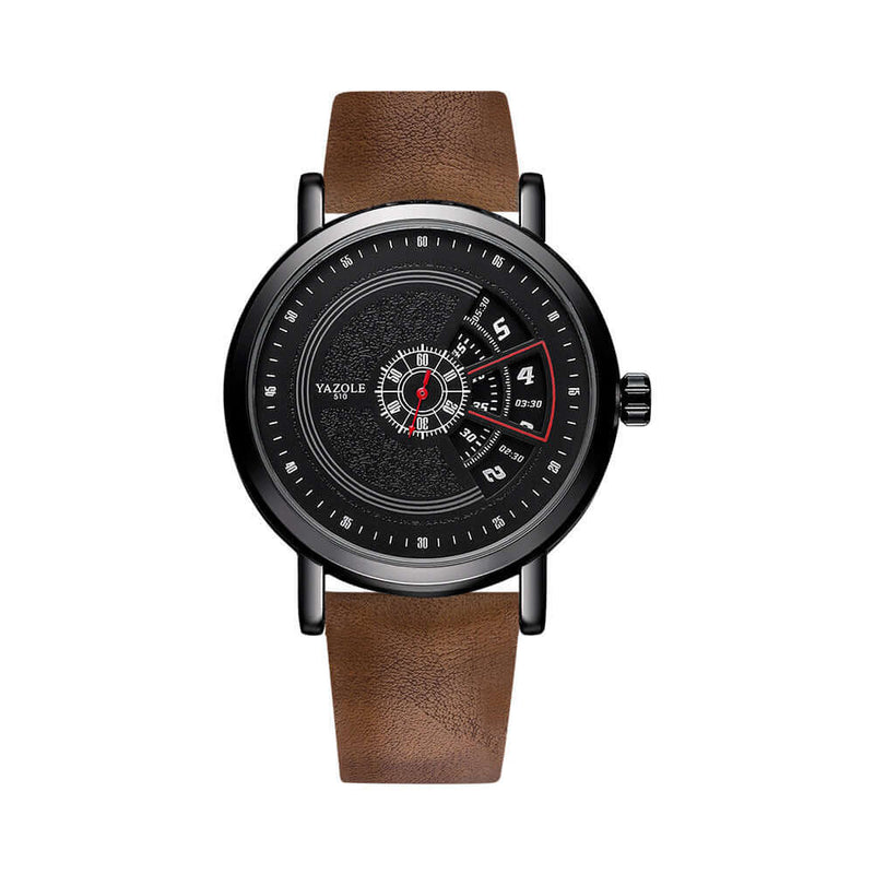 Casual men's waterproof quartz watch with brown leather strap and black dial, featuring pointer and number display.