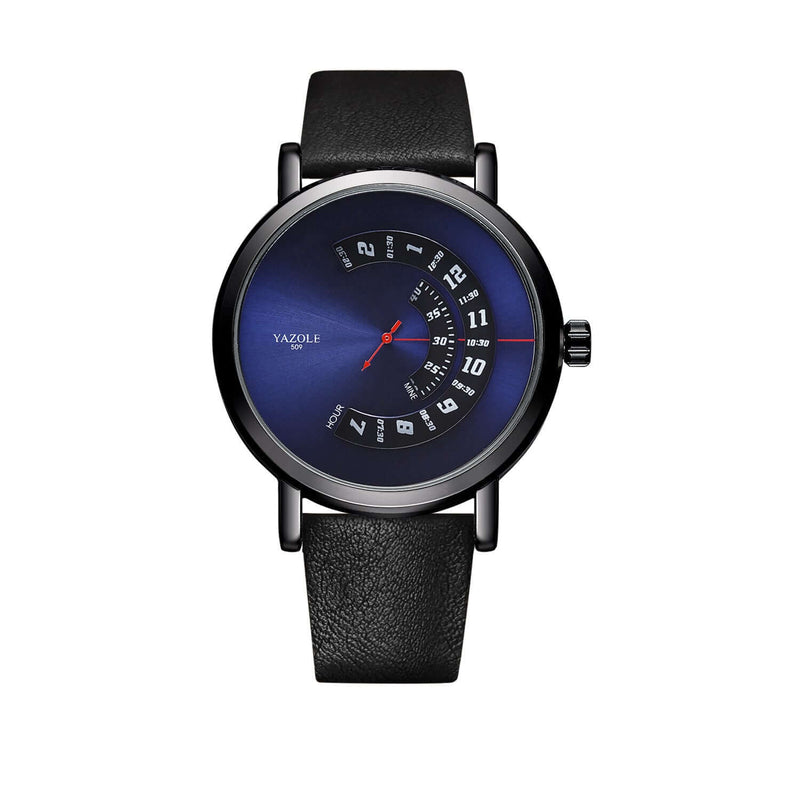 Turntable waterproof men's quartz watch with black strap and blue dial, featuring pointer and number display.