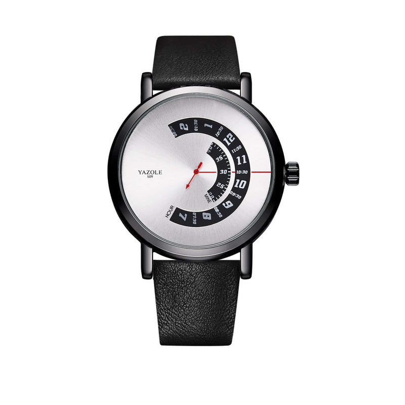 Turntable waterproof men's quartz watch with black leather strap and minimalist dial design.