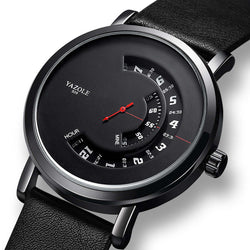 Black casual men's watch with unique dial design and leather strap, featuring pointer and number display.