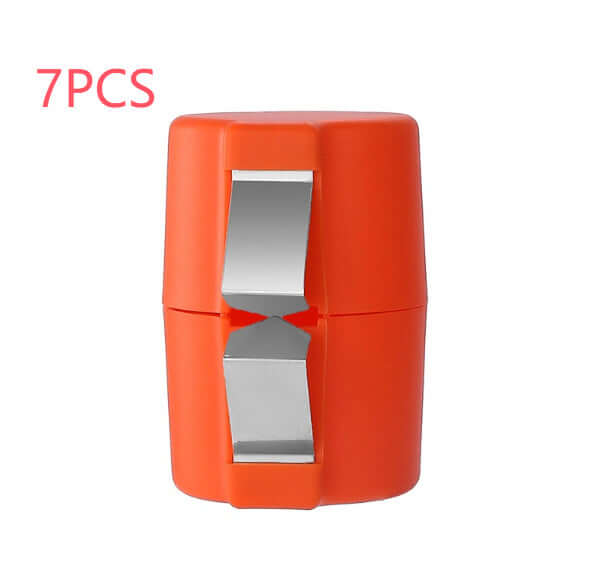 Mess-free egg shell opener in vibrant orange color, featuring a stainless steel cracking mechanism, compact design for easy storage.