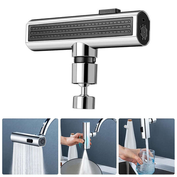 Multifunctional kitchen faucet nozzle with waterfall flow and splash-proof design in use, enhancing modern kitchen convenience and style.