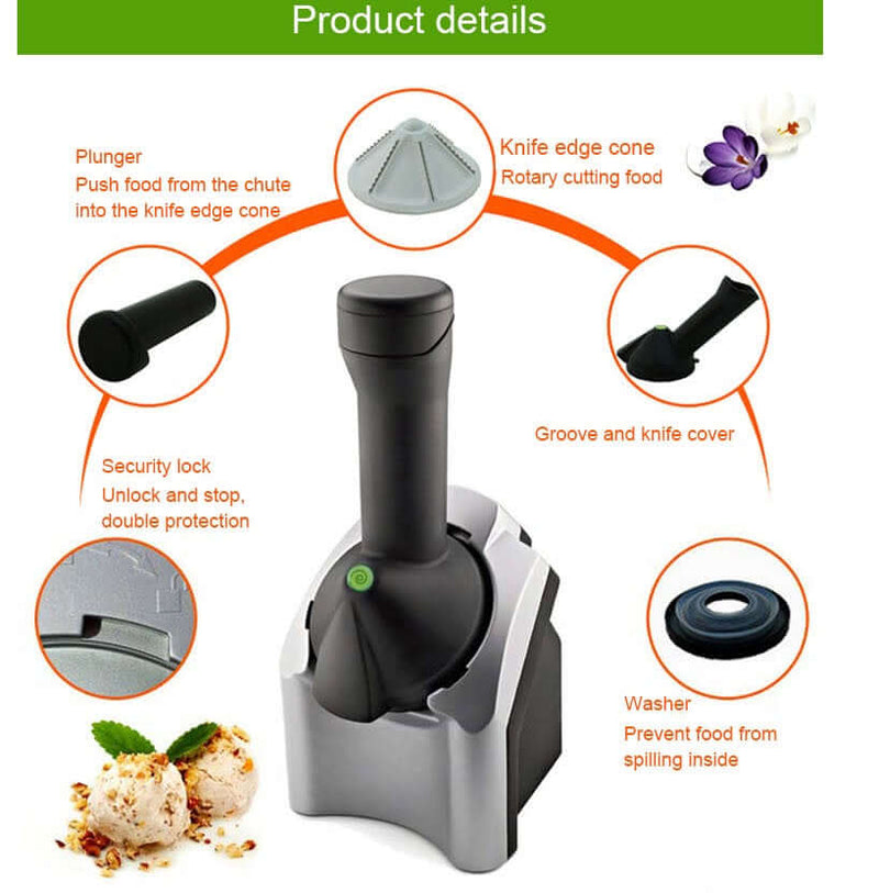 "Home ice cream machine parts including plunger, knife edge cone, security lock, groove, and washer for detailed view."