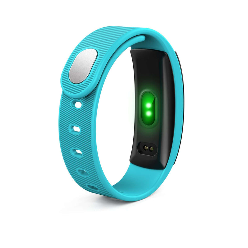 QS80 waterproof heart rate and blood oxygen monitor wristband in blue, featuring health tracking and USB interface.