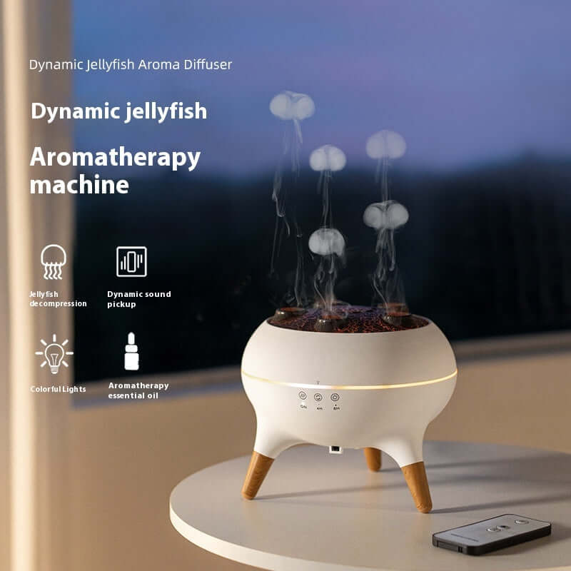 Intelligent jellyfish ultrasonic air humidifier with remote, featuring aromatherapy, night light, and essential oil diffuser functions.