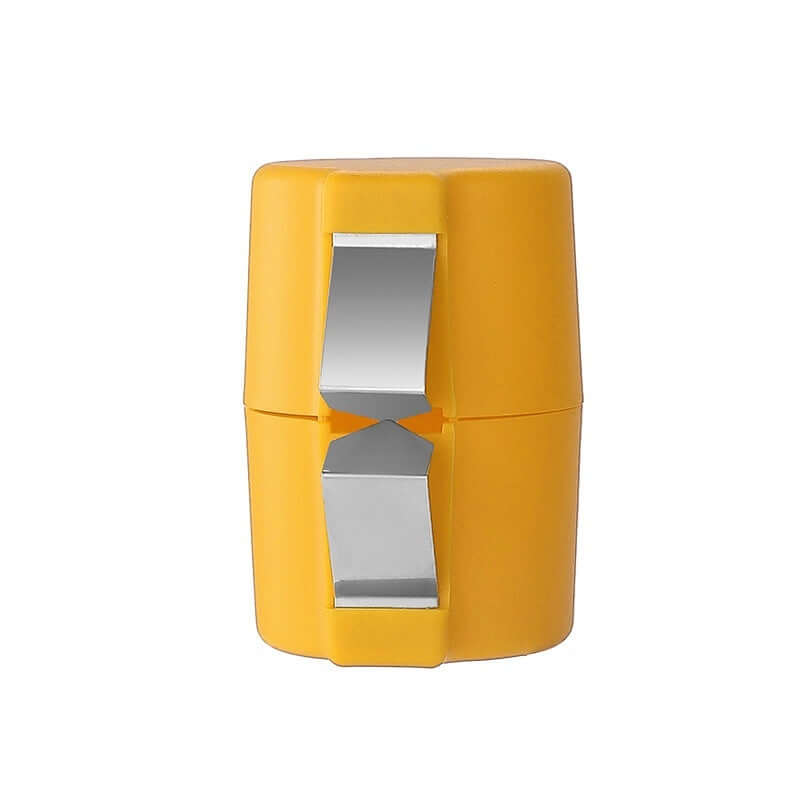 Yellow egg shell opener with stainless steel cracking mechanism for mess-free egg preparation. Compact and lightweight design.