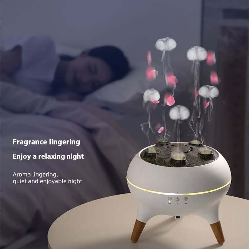 Intelligent Jellyfish Ultrasonic Air Humidifier with Aromatherapy Diffuser and Night Light in Bedroom Setting