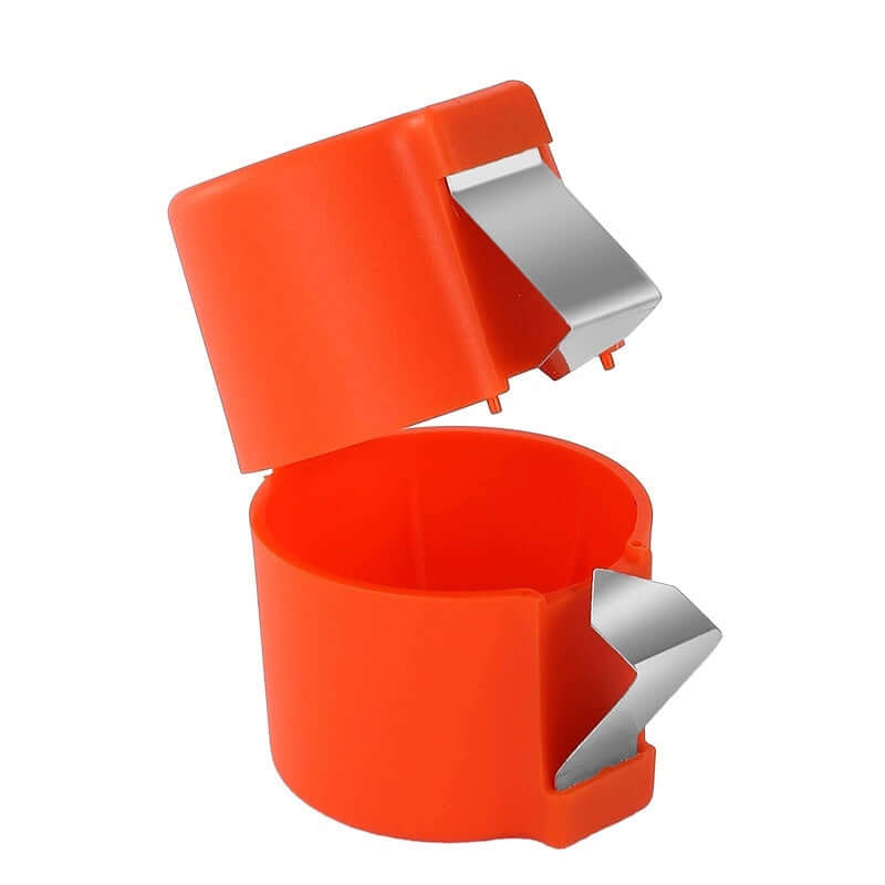 Mess-free egg shell opener made of premium PP and stainless steel in vibrant orange, designed for effortless egg cracking.