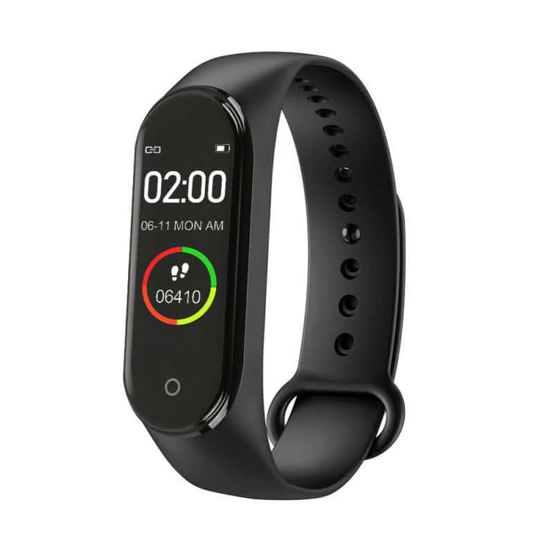 M4 smart watch and bracelet featuring a sleek design, pedometer display, and vibrant interface for fitness tracking.