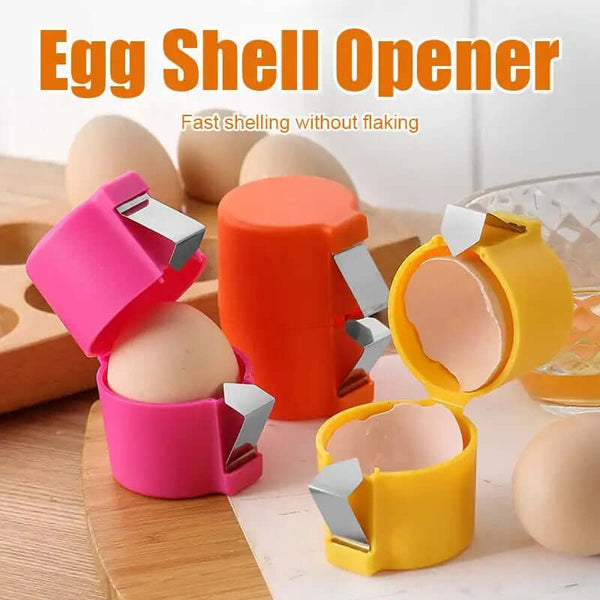 Colorful egg shell openers in pink, orange, and yellow for mess-free egg cracking and easy shell removal.