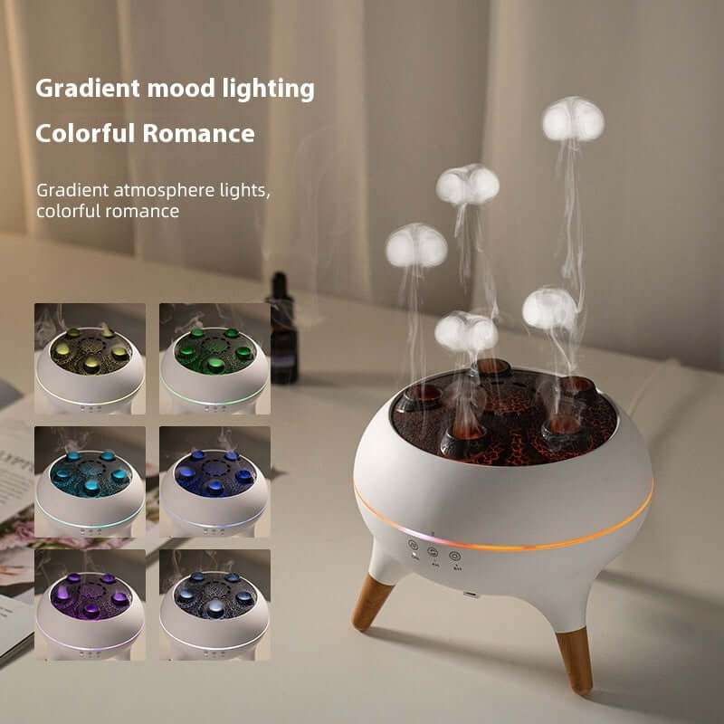 Intelligent jellyfish ultrasonic air humidifier with gradient mood lighting and colorful mist diffusion in a cozy room setting.