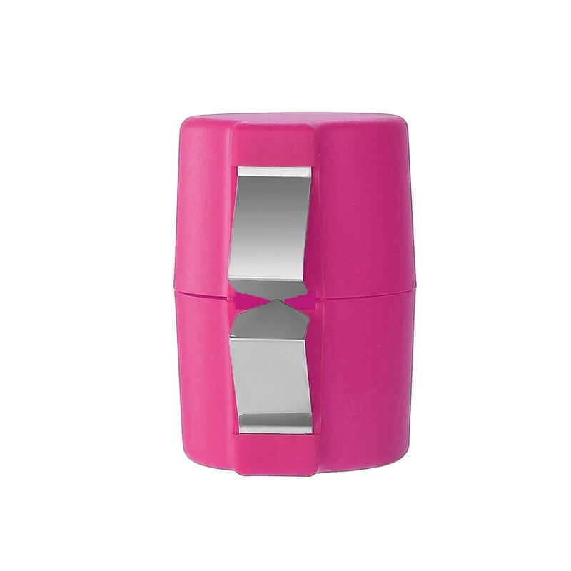 Mess-free egg shell opener in vibrant pink color with stainless steel blades for easy egg cracking. Compact and lightweight design.