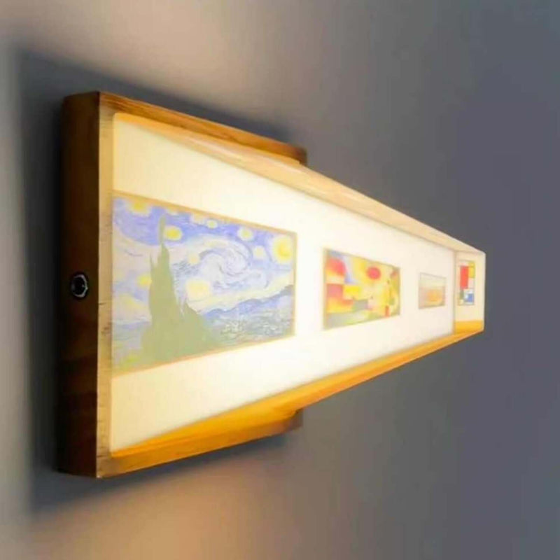 3D Illusion Night Light showcasing famous art pieces in vivid LED illumination on a stylish wooden frame.